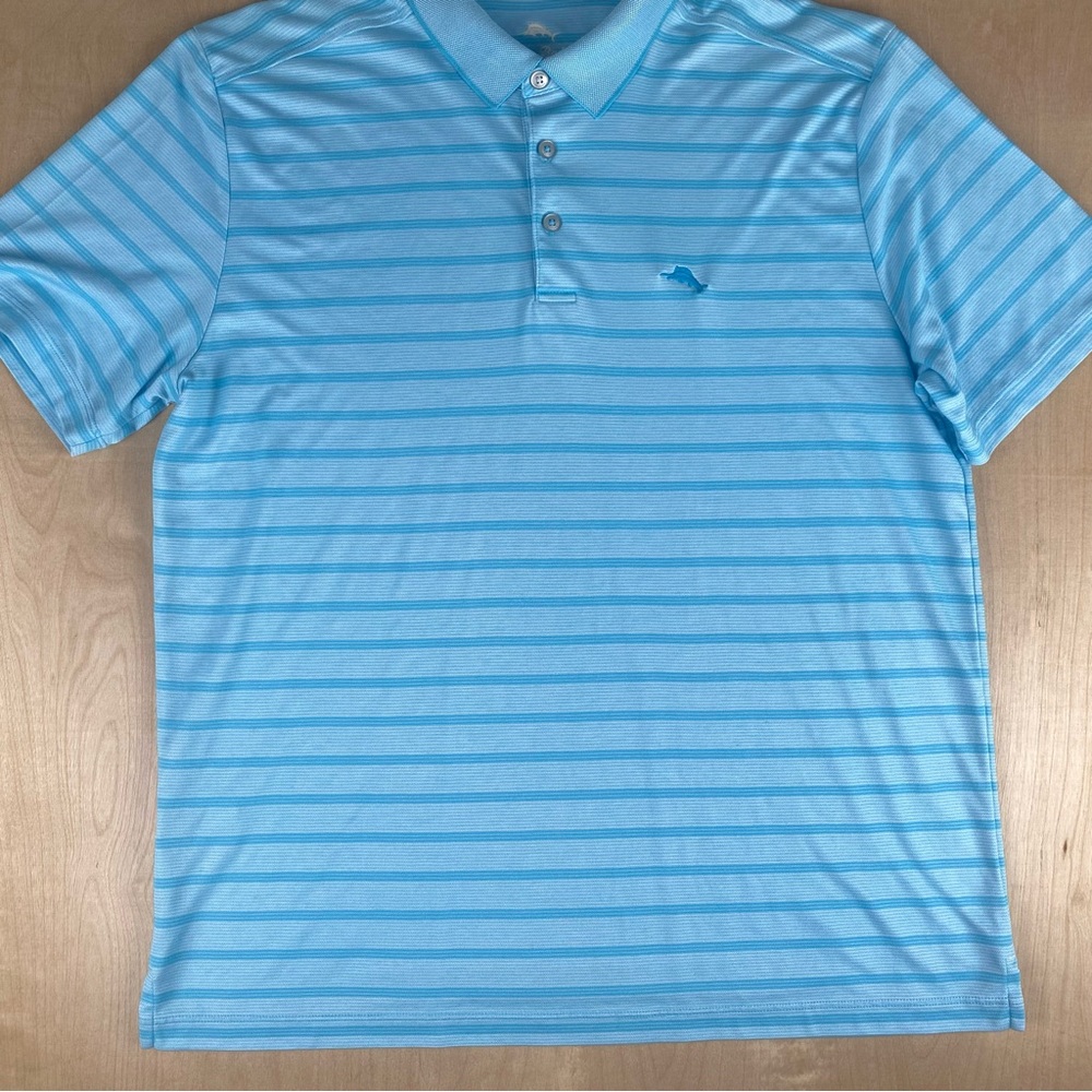 Tommy Bahama Mens XL Polo Shirt Puma Cotton Blend Blue On Blue Striped.
